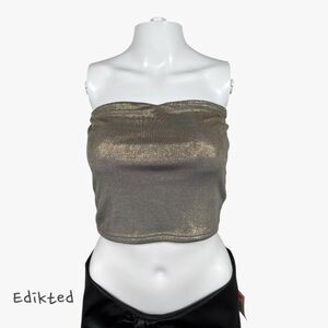 NWT Edikted Women's Metallic Cropped Tube Top in Gold Size M Preppy Glam